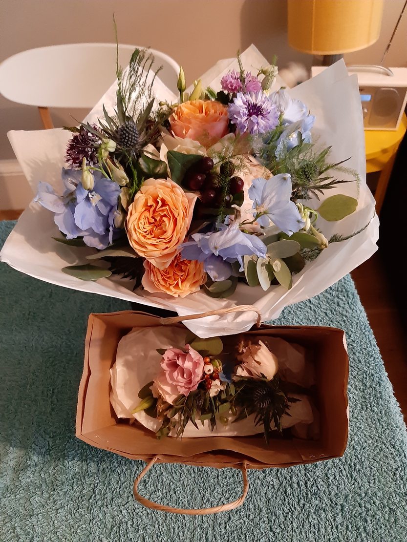 The bouquet, Guy&rsquo;s boutonniere, and Spice&rsquo;s corsage