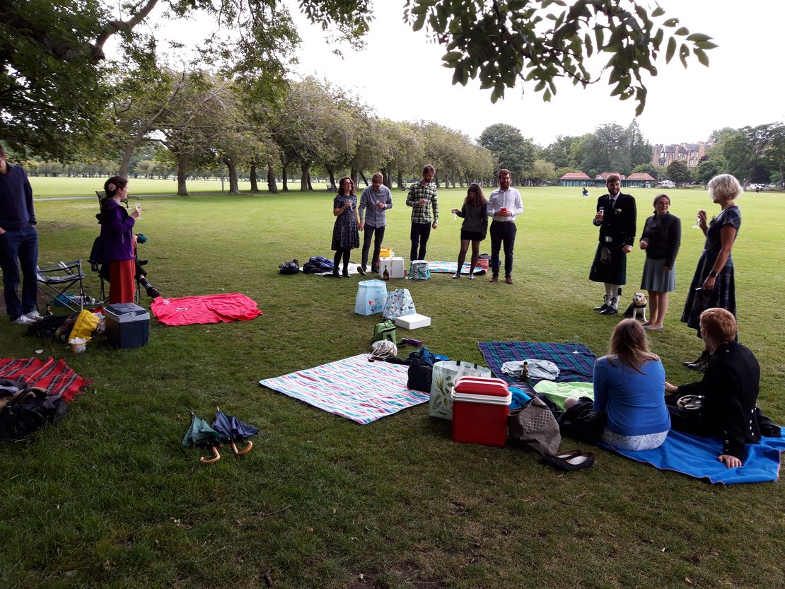 A socially distant reception in the Meadows.